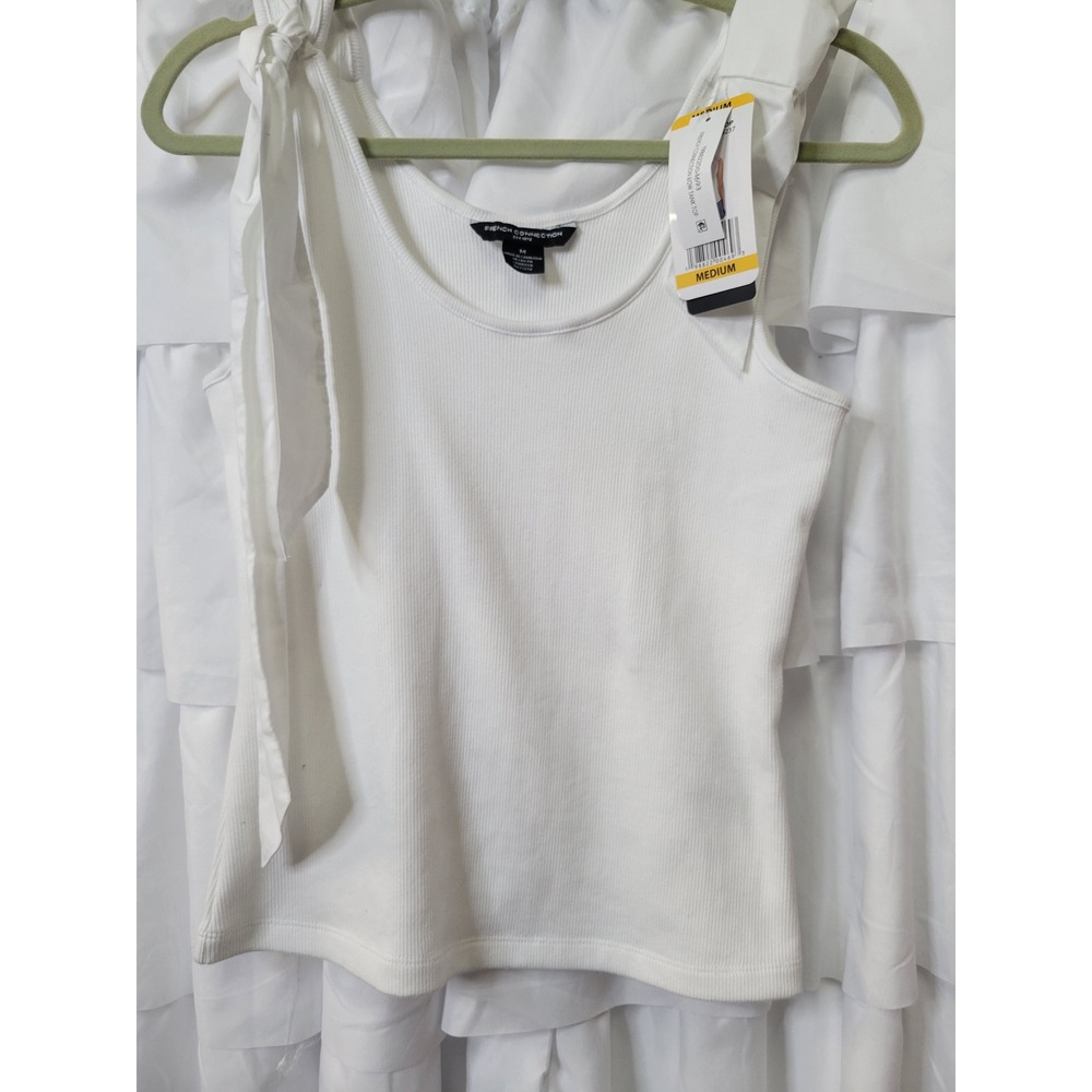 French Connection White Ribbed Bow Tie Shoulder Tank Top Medium 78B2200-4693 522